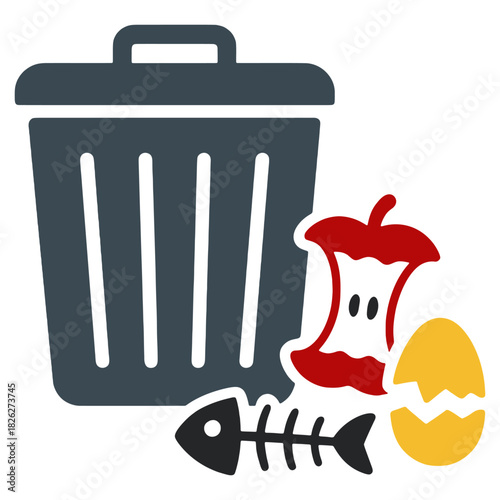 Food Waste and Trash Bin Icon showing a trash bin with food scraps like an apple core, eggshells, and fishbone, symbolizing food waste and disposal.