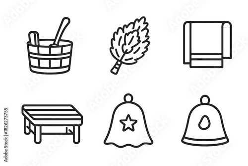 Collection of outline icons representing traditional bathhouse and sauna accessories and equipment