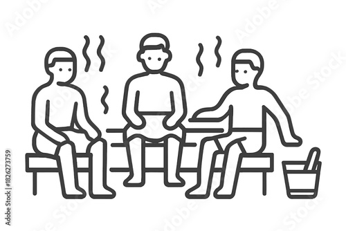 Three male figures sitting on wooden benches inside a traditional hot sauna or steam room enjoying relaxation