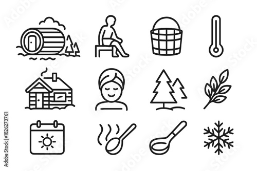 Traditional Finnish sauna and spa wellness elements represented by outline symbols