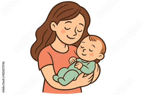 Gentle mother holding and embracing her peaceful newborn baby with love and care