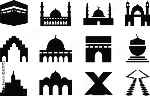Silhouette Islamic Cultural Icons Set. Quran, Lantern, Necklace, Religious Vector Illustration