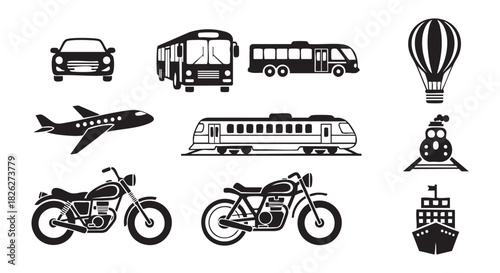 Collection of different black and white transport vehicle silhouette icons