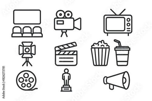 Outline icons set for film industry, cinema, movie production, and entertainment