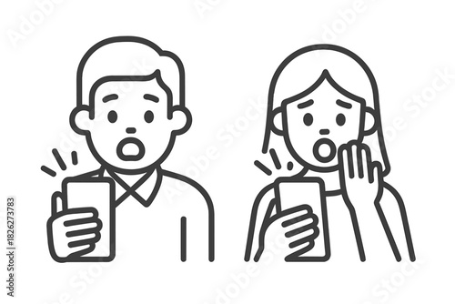 Shocked young couple reacting to surprising content or bad news on their mobile phones