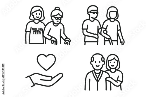 Outline symbols for community support, volunteer work, senior assistance, and charitable giving