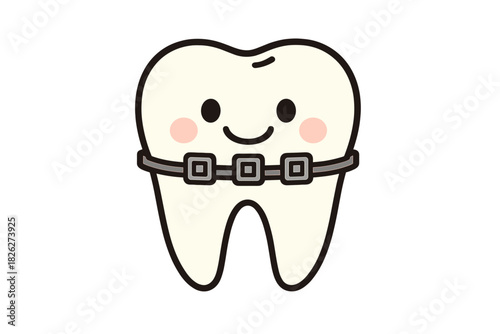 Smiling molar tooth mascot wearing orthodontic metal braces for dental care