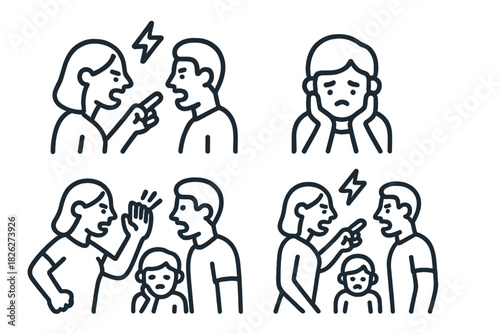 Various scenes depicting relationship problems, shouting, anger, and sadness caused by domestic arguments