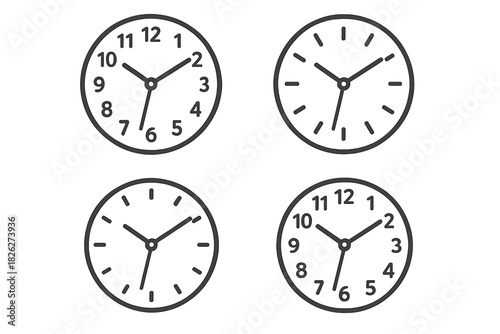 Collection of simple analog clock faces with hands for time measurement and interface design