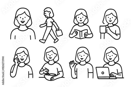 Minimalist outline avatars of a smiling woman performing various everyday actions and tasks