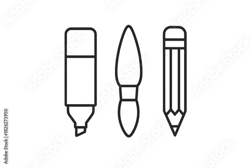 Essential tools for creativity and design: marker, paintbrush, and sharpened pencil outlines