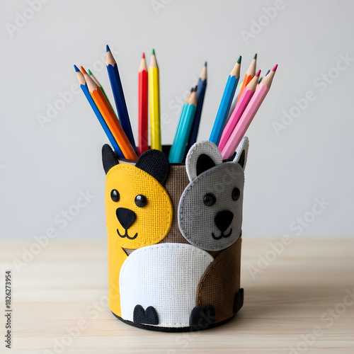 A colorful pencil holder shaped like two cartoon animals, filled with various colored pencils.