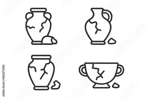 Cracked antique ceramic vessels and broken pottery fragments set in outline style