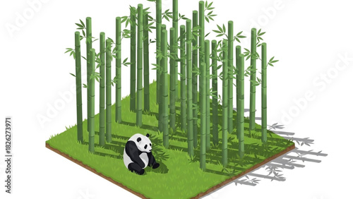 Stylized panda sitting on grass near bamboo stalks, depicted in a simple, isometric illustration.