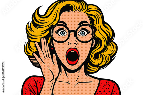 Retro pop art portrait of a shocked blonde woman with glasses and surprised expression