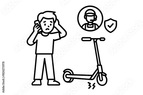 Distressed man calling customer service about broken electric scooter repair or roadside assistance