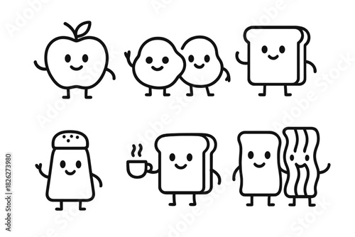 Cute breakfast food characters set with toast, eggs, bacon, and salt shaker icons