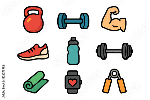 Colorful set of gym and workout items for fitness and physical training