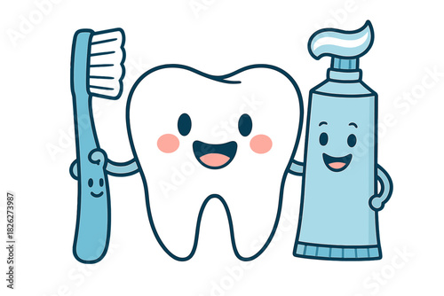 Cute smiling tooth character holding a toothbrush and toothpaste tube for oral hygiene