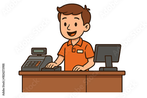 Friendly male cashier operating a cash register and computer at the checkout counter