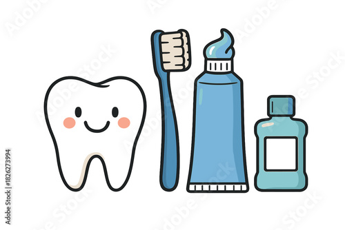 Adorable smiling tooth character with essential dental hygiene tools and products