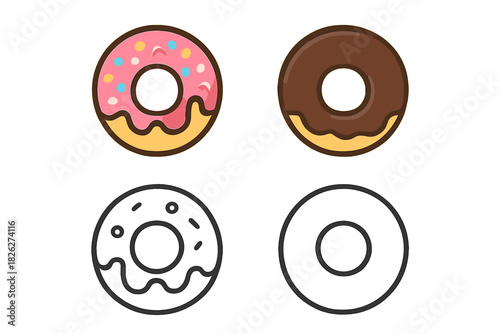 Sweet glazed donuts with colorful sprinkles and chocolate icing in filled and outline styles