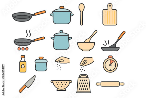 Collection of kitchen cooking utensils and equipment for food preparation and culinary arts