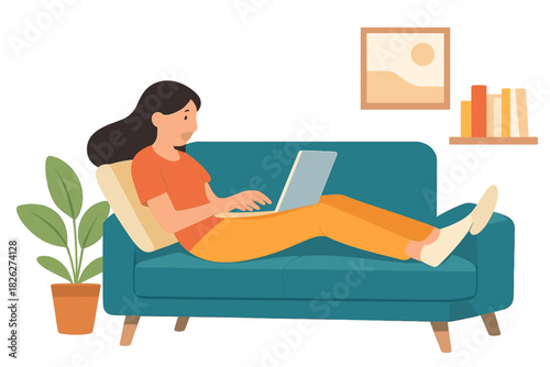 Casual remote worker using a portable computer while lounging on a couch in a cozy living room setting
