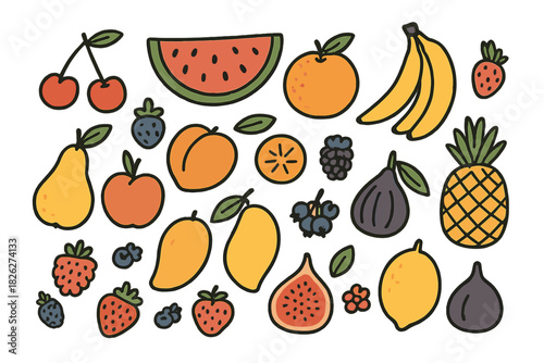 Vibrant assortment of fresh tropical and temperate fruits and berries, hand drawn style