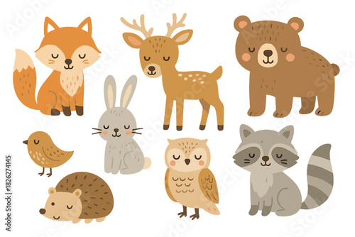 Charming collection of woodland animals featuring a fox, fawn, bear, bunny, owl, and raccoon