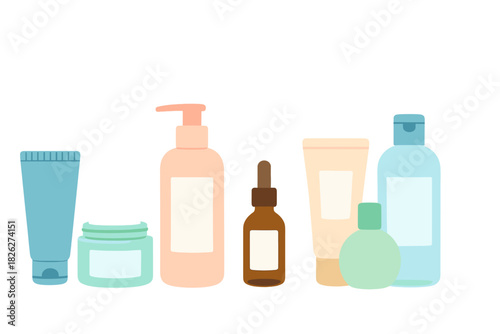 Colorful assortment of cosmetic and skincare product bottles jars and tubes for beauty routines