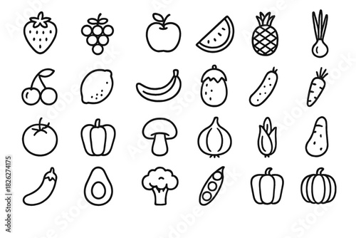 Minimalist black and white outline icons of fresh fruits and vegetables variety