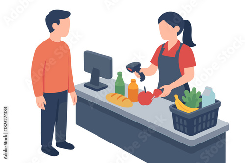 Cashier scanning groceries for customer at supermarket checkout counter during retail transaction