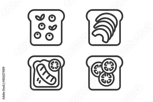 Outline style breakfast toasts with various toppings: avocado, sausage, tomato, and berries