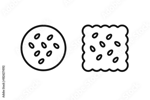 Simple black and white outline icons featuring a round cookie and a square savory cracker