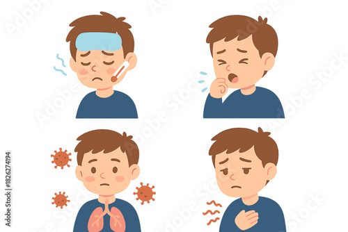 Young boy suffering from common illness symptoms including high temperature, persistent cough, and chest discomfort