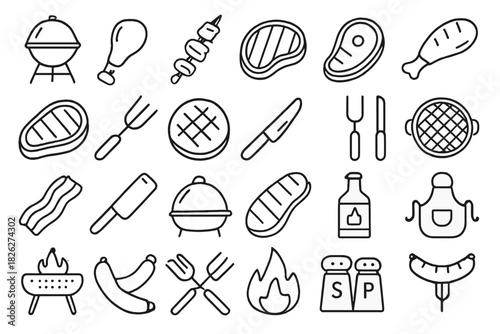 Essential barbecue and grilling elements including steaks, chicken, sausage, tools, and equipment