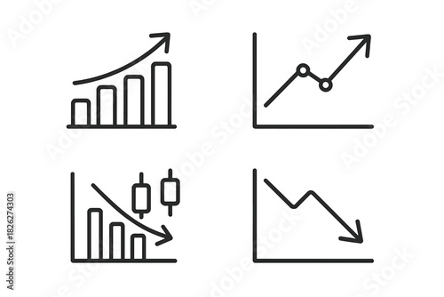 Outline icons set for business analytics, financial reports, market trends, and data visualization