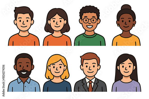 Eight diverse smiling people avatars representing various ethnicities and professional roles