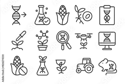 Genetic modification, agricultural science, and bioengineering research symbols