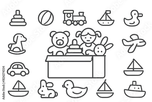 Minimalist black and white line icons featuring a variety of popular children's toys and games