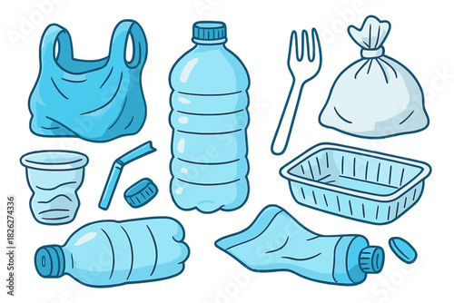 Set of disposable plastic waste items like bottles, bags, cups, and cutlery causing pollution