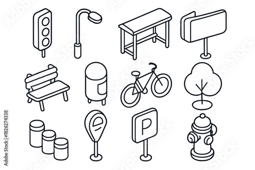 Isometric outline icons representing city infrastructure and public park objects