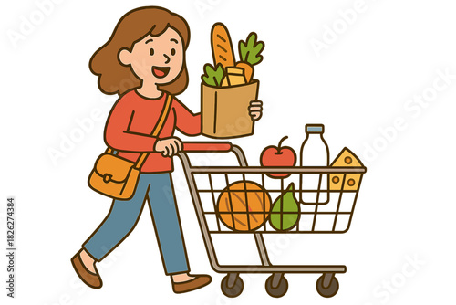 Cheerful woman pushing a shopping cart loaded with fresh groceries after visiting the supermarket