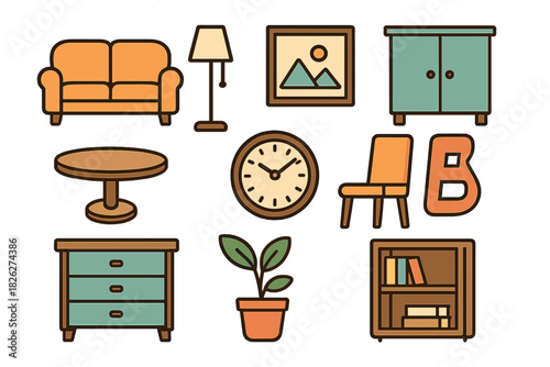 Set of interior furniture and decorative household objects including sofa lamp and clock