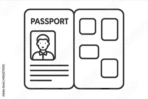 Open international passport document icon with identification photo and personal data