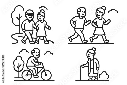 Active seniors enjoying outdoor activities like walking, jogging, and cycling