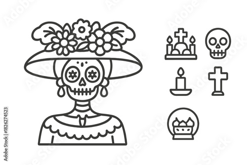 Traditional Mexican Catrina skull with Day of the Dead celebration symbols, candles, and crosses