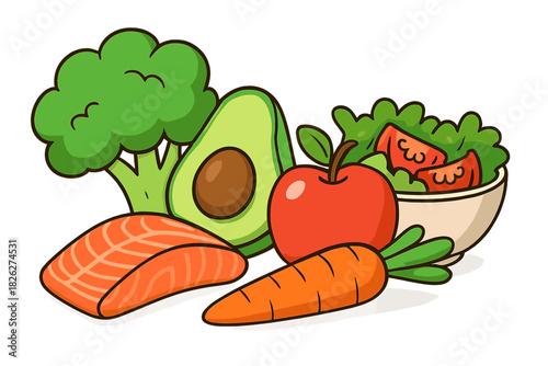 Selection of nutritious whole foods: salmon, fresh vegetables, and fruit