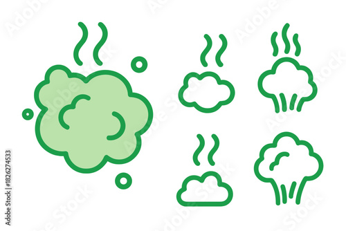Green icons representing bad smell, unpleasant odor, gas, or stink clouds with wavy lines